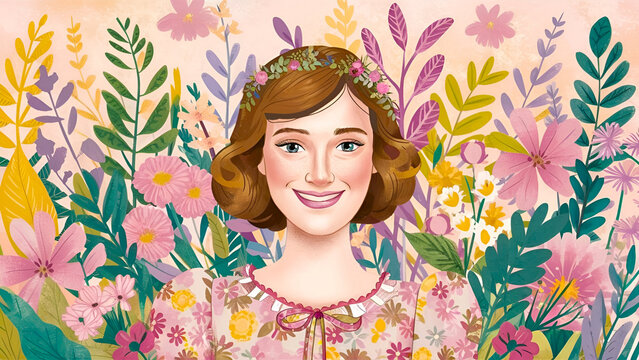 A lovely woman in a spring and summer floral , surrounded by vibrant flowers illustration