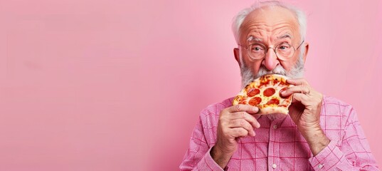 Senior man enjoying delicious pizza on soft pastel background with ample space for adding text