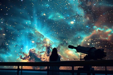 A silhouette of an astronomy enthusiast beside a telescope, gazing at a vibrant cosmic sky filled with stars and nebulae - obrazy, fototapety, plakaty