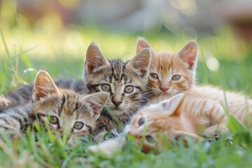 Naklejka na ściany i meble These kittens nestled in the greenery showcase their cuteness, curiosity, and camaraderie in a natural setting