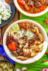 Rice Vermicelli with Northern Thai Curry Sauce, Thai called Khanom Jeen Nam Ngiao, Northern thai cusine