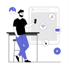 Wireless technology, digital world concept. Wireless connection and communication in social networks and online messengers. Vector illustration with line people for web design.