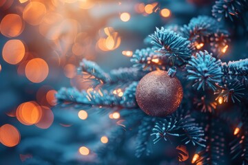 Close-up of a shimmering brown Christmas ornament against the frosty blue hue of a Christmas tree