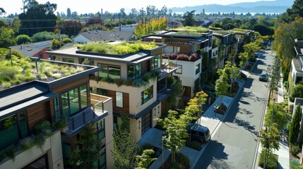 Fototapeta premium A suburban community features homes with rooftops lined with lush greenery providing natural insulation and reducing energy consumption. The streets are also lined with bike lanes .