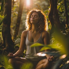 A serene woman meditates among vibrant green flora, bathed in sunlight filtering through trees