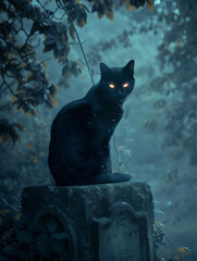 A black cat with glowing eyes sitting on a weathered gravestone in an overgrown cemetery. Ai generated