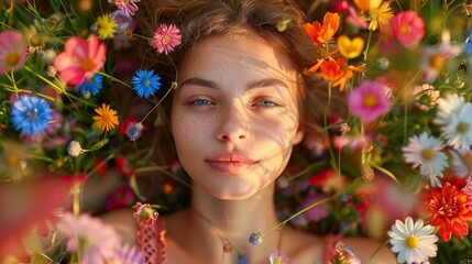 A young woman's face emerges among colorful wildflowers, symbolizing connection to nature