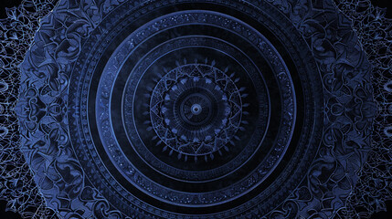 Intricate indigo patterns overlap elegantly within circular black backdrop. - obrazy, fototapety, plakaty