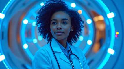 Black woman doctor on the background of computerized tomography scanner, doctor on medical background, blue shade