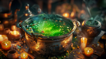 A close-up of a cauldron bubbling with green potion, surrounded by glowing candles and mystical...