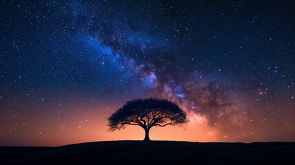 A composite image combining a star-filled sky with the silhouette of a solitary tree, evoking a...
