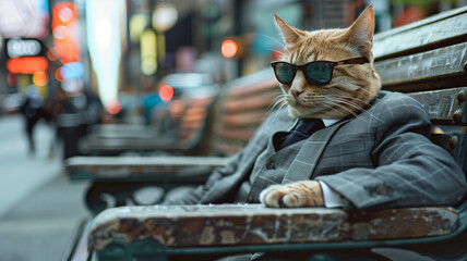 A cool cat sporting sunglasses and a formal suit, sitting on a city bench amidst bustling streets....