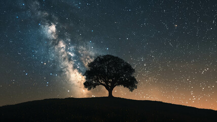 A composite image combining a star-filled sky with the silhouette of a solitary tree, evoking a...