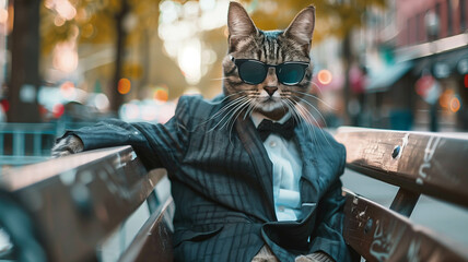 A cool cat sporting sunglasses and a formal suit, sitting on a city bench amidst bustling streets. Ai generated. Ai generated - Powered by Adobe