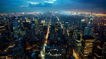 Obraz premium A stunning aerial view of a city at night with ling lights and glowing skysers as far as the eye can see. The use of biofuels as an energy source not only helps reduce carbon emissions .