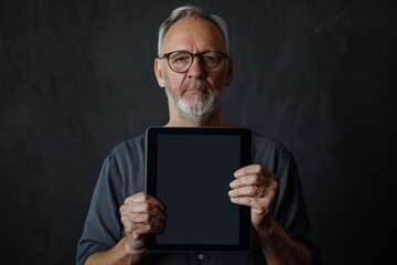 App mockup caucasian man in his 40s holding a tablet with a fully grey screen