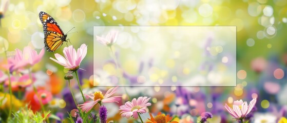 Fototapeta premium Background with colorful cosmos flower, daisy flower and butterfly in a meadow in nature in the rays of sunlight in summer in the spring close-up of a macro. Copy space, Illustration.