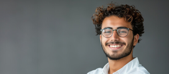 A man with glasses is smiling and looking at the camera. He is wearing a white shirt and has a beard. headshot of a man, age 30, curly hair, glasses, smiling, grey background
