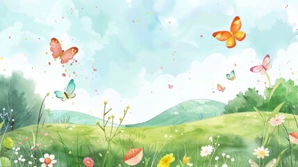 Beautiful spring meadow landscape with flying butterflies