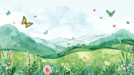 Beautiful spring meadow landscape with flying butterflies