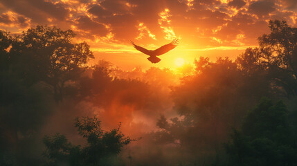 A bird is flying in the sky above a forest