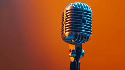 A focused portrait of a microphone, with a bold orange background, representing the voice of modern marketing and sales initiatives
