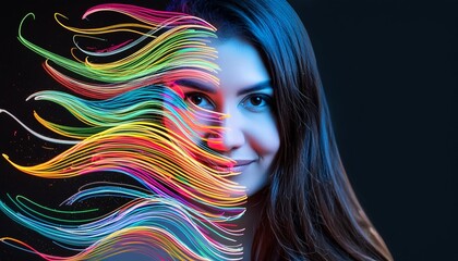 Woman's face formed by lines of colorful and bright neon lights.