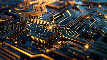 uturistic Circuitry! Background 3D circuit designs with layers of metallic gold shifting to royal blue.