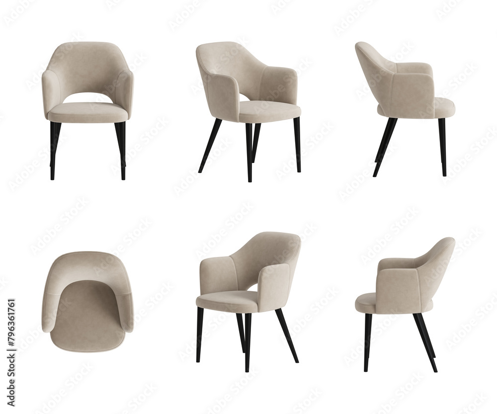 Wall mural Set of six views of an elegant chair with a light beige cover, armrests, and four black legs isolated on a transparent background. Front view, top view, two sides, two perspectives. 3d render