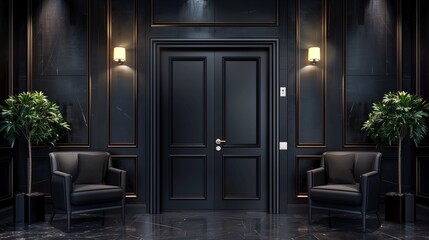 Black door in black modern luxury home interior