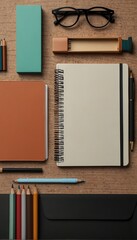  mockup, Top view of office desk table with blank notebook, supplies and eyeglasses