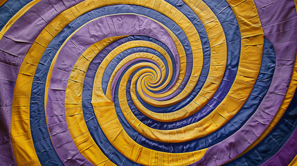 Periwinkle and mustard spiral weaves tapestry against circular background.