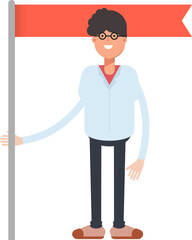 Nerd Boy Character Holding Flag Pole
