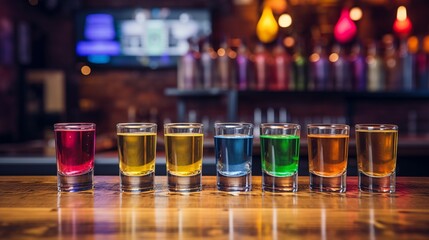 A Colorful Array of Shot Glasses Lined up on a Bar Top - Powered by Adobe