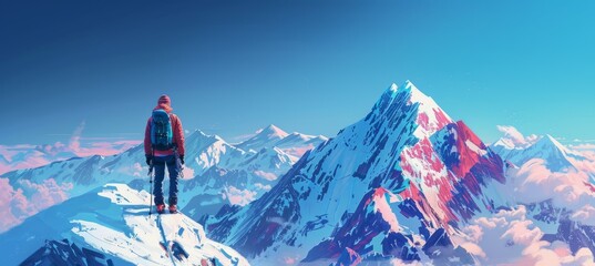 Adult hiker success climbing snow mountain. Generative AI technology.	
