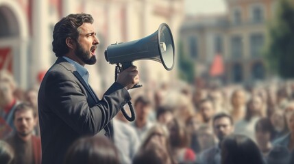 Visual representation of a male speaker campaigning, with a softly blurred environment that centers attention on his persuasive communication to the crowd