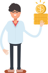 Nerd Boy Character Holding Dollar Coins
