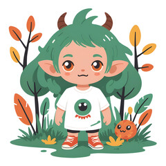 cartoon little girl in the forest for t-shirt and sticker design