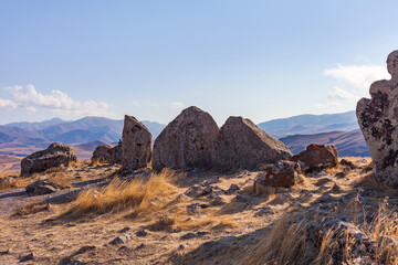 Standing stones in Zorats-Karer or Karahunj. Syunik region of Armenia.