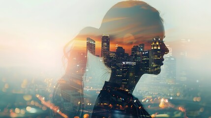 Double exposure of a Businesswoman wearing suit and a modern city building of  financial district and commercial