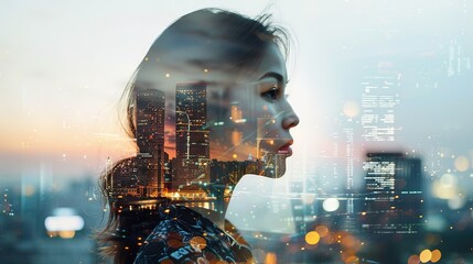 Double exposure of a Businesswoman wearing suit and a modern city building of  financial district and commercial