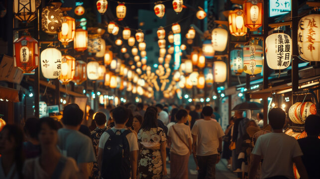 Gion Matsuri Festival at night, the streets are filled with traditional lantern lights creating a magical atmosphere, Ai generated Images
