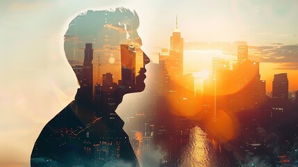 Double exposure of a Businessman wearing suit and a modern city building of  Business financial and commercial  district 