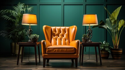 Orange leather armchair with table lamp in green interior.