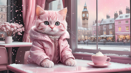 Pastel pink baby cat wearing glitter pink jacket sitting in a cafe , pink luxury cafe theme , window open with a london snowy view, realistic art, highly detailed , snow falling - obrazy, fototapety, plakaty