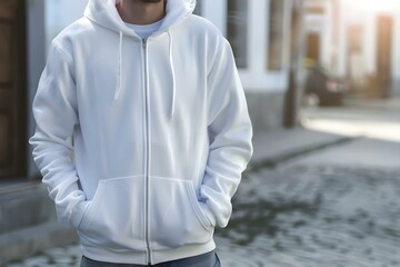 White 3Drendered full zipper blank male hoodie sweatshirt with long sleeves. Concept Hoodie Design, 3D Render, Zipper Detail, Long Sleeves, White Color