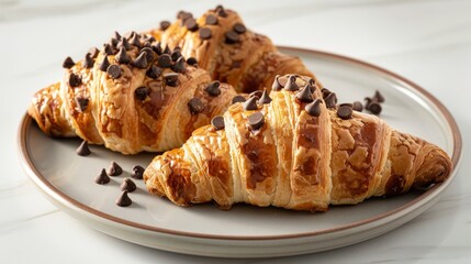Gourmet Chocolate Chip Croissants on Elegant Ceramic Plate. Generative ai