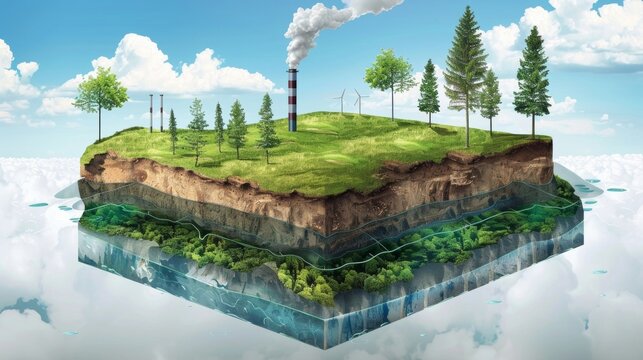 A diagram showing how carbon dioxide emissions can be captured and stored underground through carbon sequestration technology reducing their impact on the environment. .