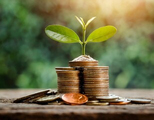 Coin with plant growing on top, business development and investment