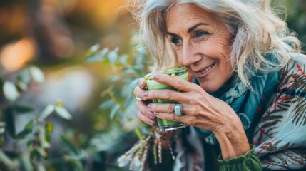 Serene Elderly Woman Enjoying Herbal Tea Outdoors in Autumn. Generative ai - obrazy, fototapety, plakaty